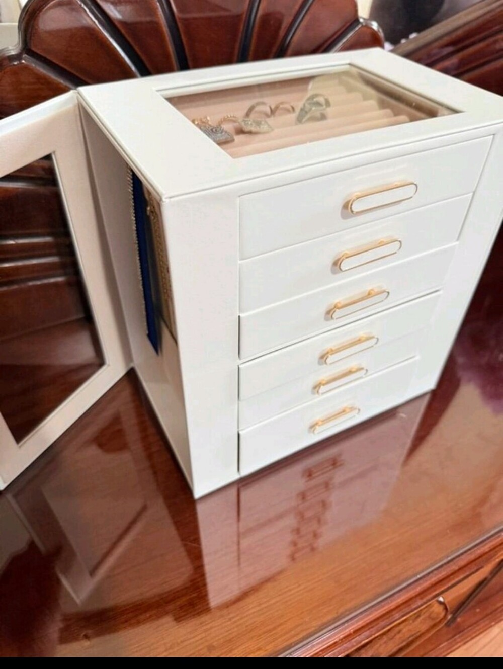 White Jewelry Storage Box with Mirrors - Elegant Multi-Drawer Organizer - Picture 5 of 7